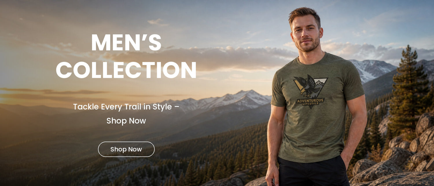 Men's Collection – man in olive Eagle Peak Badge Tee at a mountain overlook at golden hour