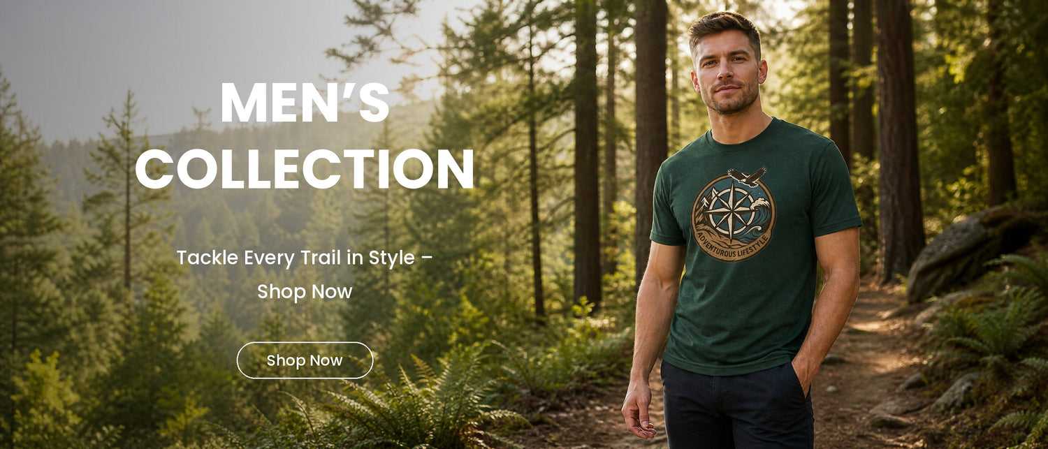 Men's Collection – man in emerald Eagle Compass Badge Tee on a sunlit redwood trail