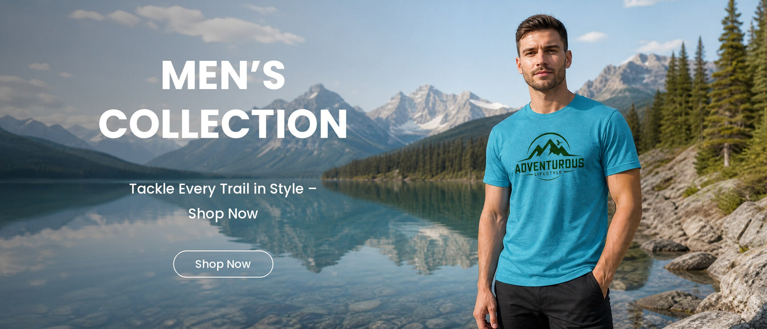 Men's Collection – man in aqua Classic Mountain Logo Tee beside an alpine lake