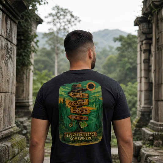Man wearing the Every Trail Leads Somewhere Tee in Black Heather, back view, ancient overgrown stone ruins in a jungle