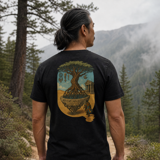 Man wearing the Roots of Wanderlust Tee in Black Heather, back view, misty pine forest trail