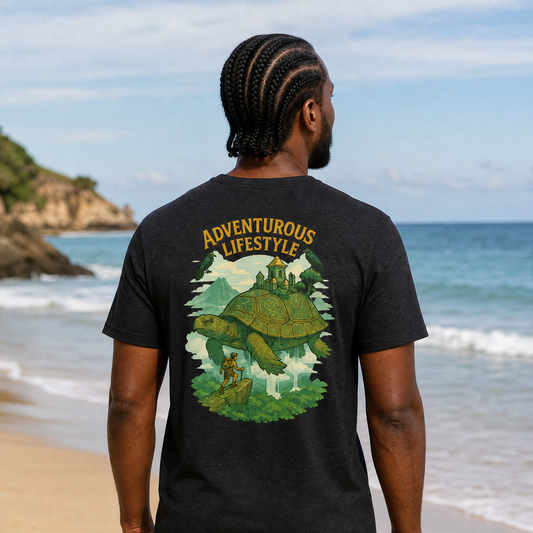 Man wearing the Turtle Island Explorer Tee in Black Heather, back view, sandy beach with gentle surf in bright daylight