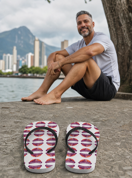 The Adventurous Lifestyle Logo Pattern Flip-Flops in White with a man relaxing nearby, riverfront city promenade