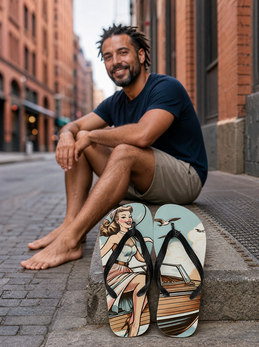 The Pin-Up Lake Cruise Flip-Flops in White with a man relaxing nearby, downtown city street with brick buildings