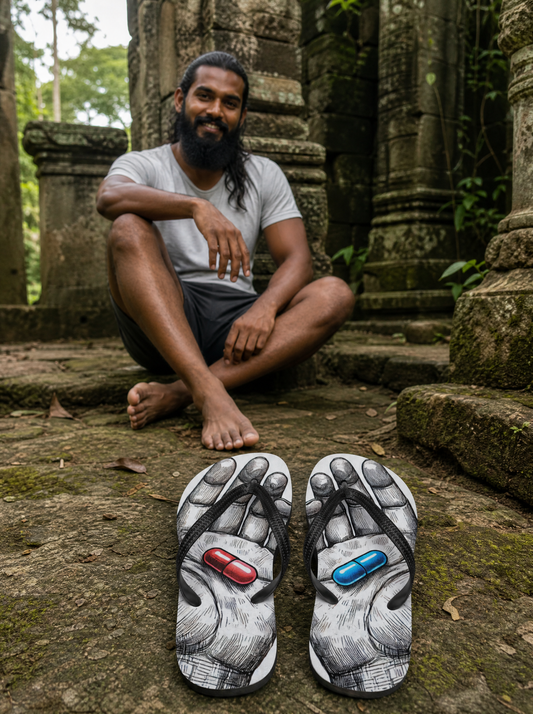 The Red Pill Blue Pill Flip-Flops in White with a man relaxing nearby, ancient overgrown stone ruins in a jungle