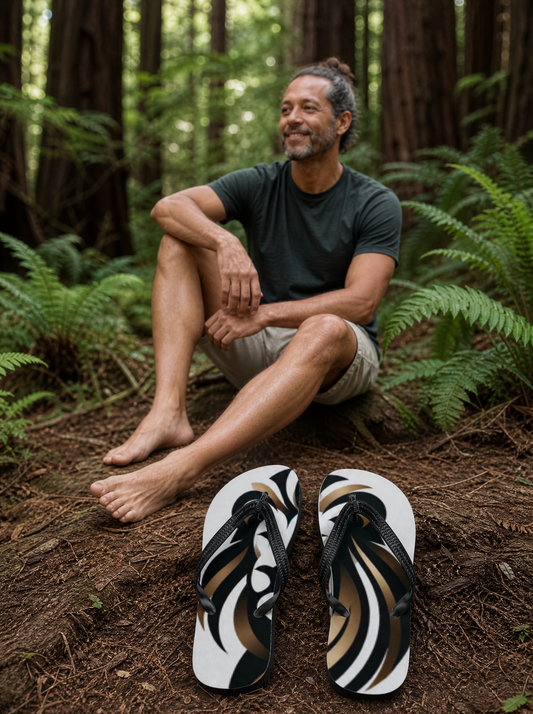 The Tribal Lion Flip-Flops in White with a man relaxing nearby, towering redwood forest with ferns